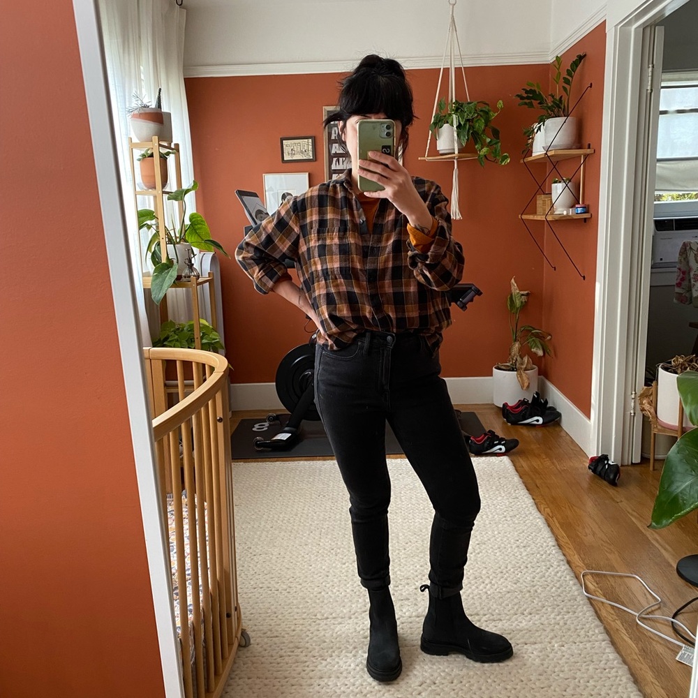 Madewell long-sleeve mauve, black, brown, flannel shirt, size M.